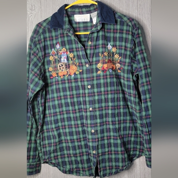 VTG 90s Casey & Max Corduroy Plaid Long Sleeve Button Up Shirt - Picture 1 of 5